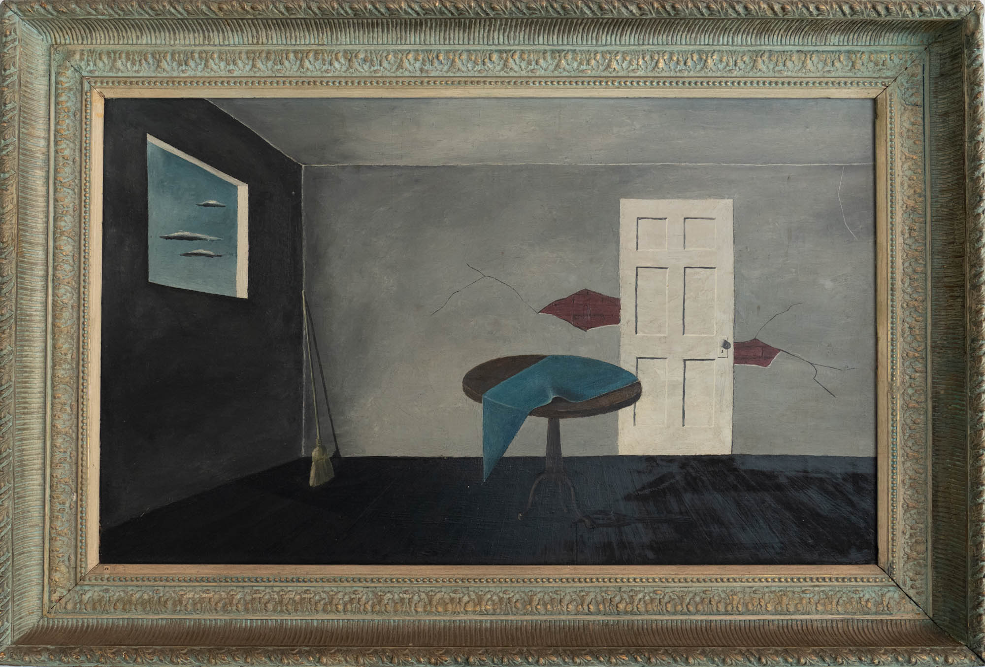 Oil painting of a table, broom, cloth, and door in an empty gray room with a single window looking onto a cloudy sky