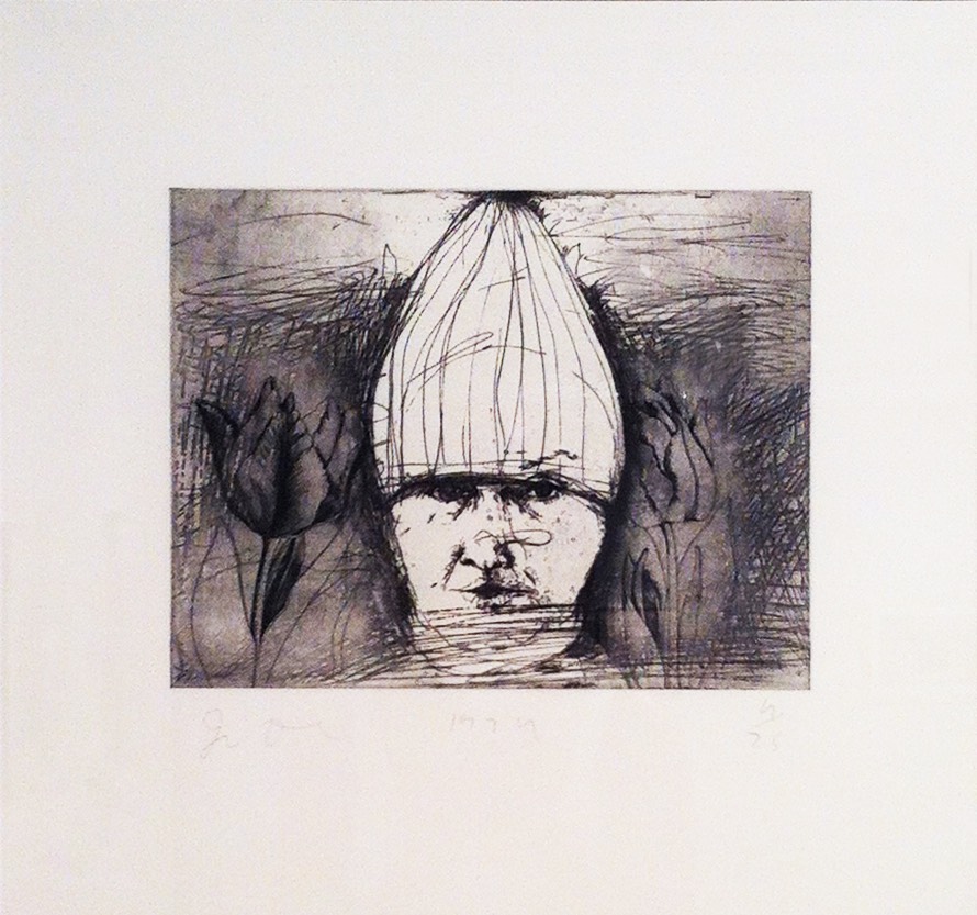 Tightly cropped black-and-white intaglio print of the artist in a cone-like ski hat with stylized tulip flowers on the left and right side of the head 