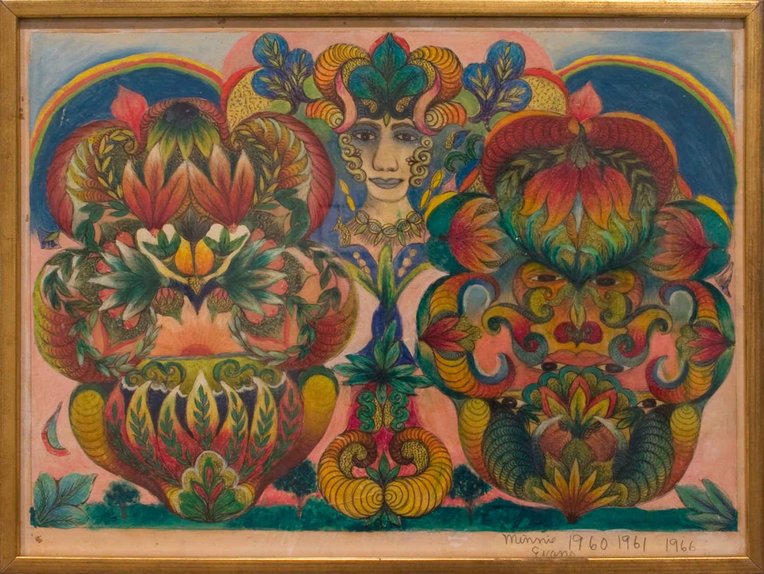 Centrally placed human head from the neck up flanked on both sides by colorful decorative patterns and foliage