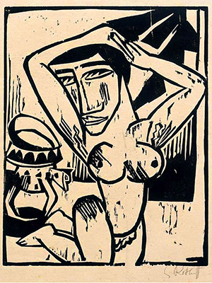 Karl Schmidt-Rotluff's woodcut print, "Kneeling Nude"