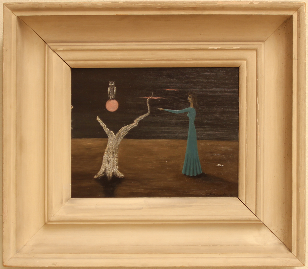 Surrealist painting of a person pointing toward a lifeless white tree with an owl perched on the moon above