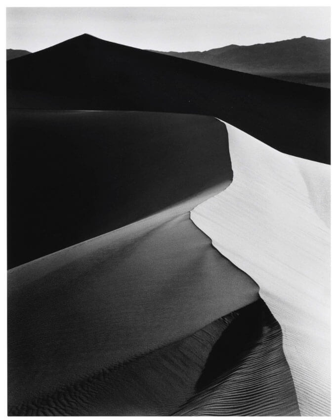 Black and white aerial photograph of sand dunes