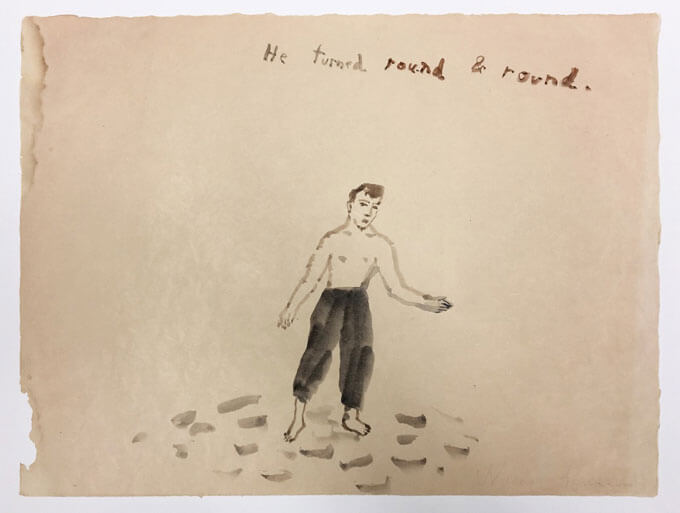 Black lithograph print on cream-colored paper of a man wearing only black pants with footprints on the ground and handwritten text at the top reading, “He turned round & round” 