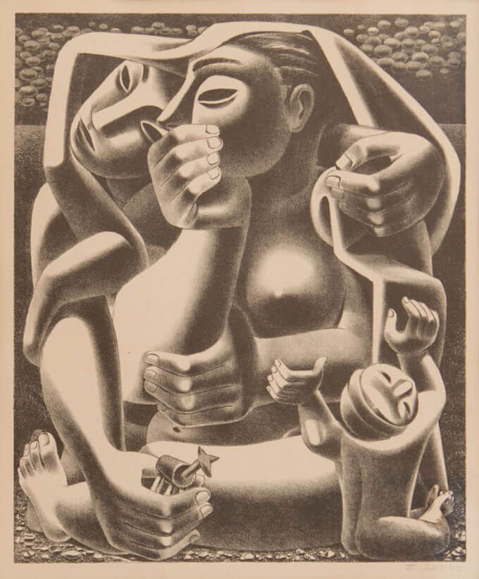 Black lithograph print on cream colored paper of three stylized figures including two adults and one baby