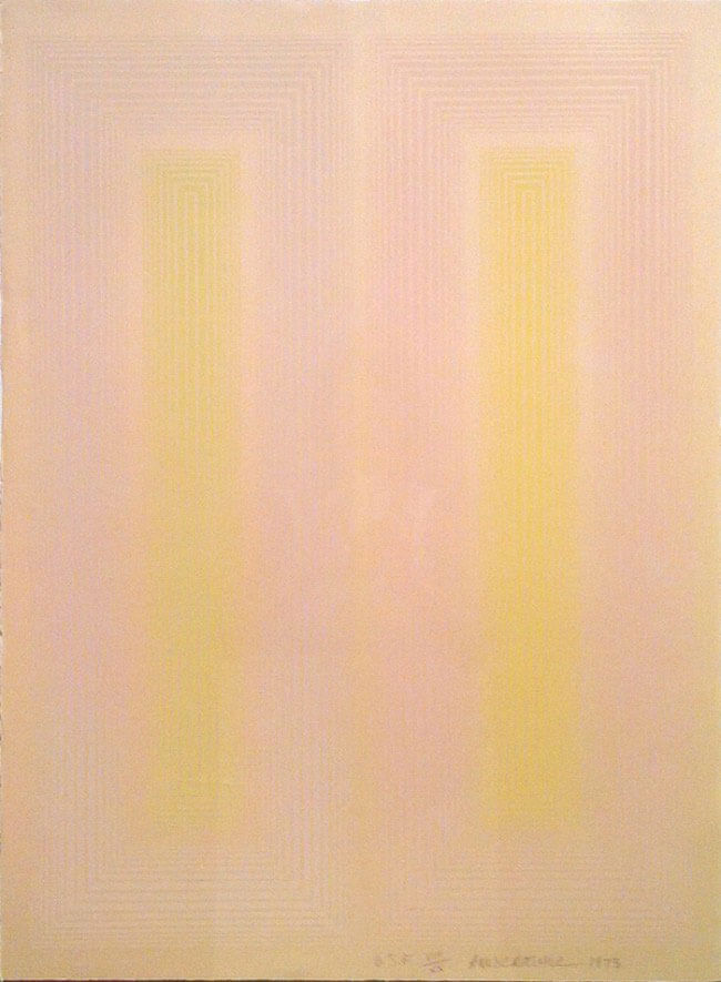 Two tall and narrow light-yellow rectangles with radiating white boxes around each rectangle are parallel to each other on a light-pink background 