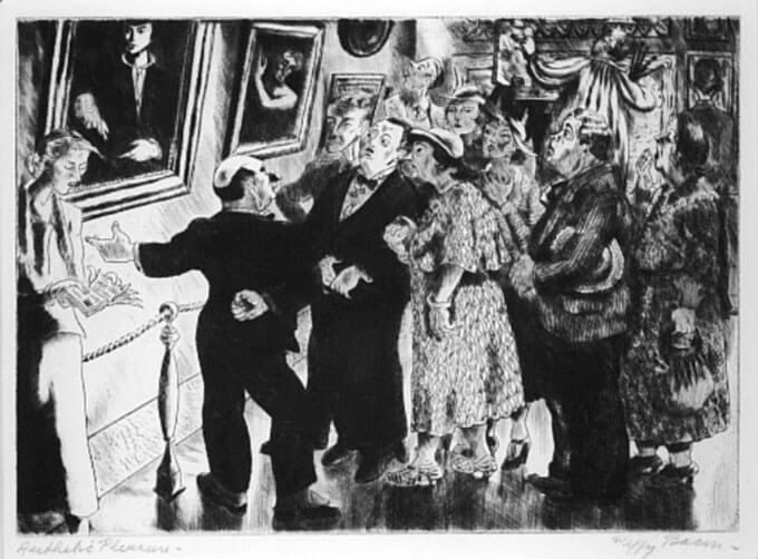 Black-and-white etching of a group of adults looking at artwork hanging on a wall in a museum
