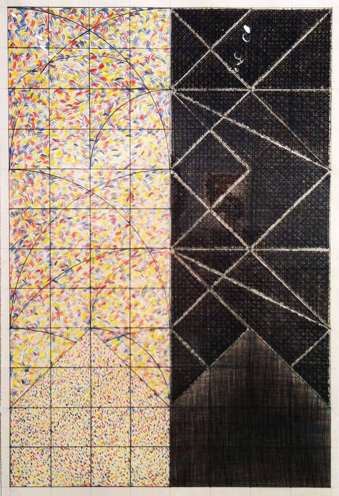 Rectangular gridded composition divided in half vertically with a light side filled with colorful arched marks and a side darkened by the accumulation of black lines