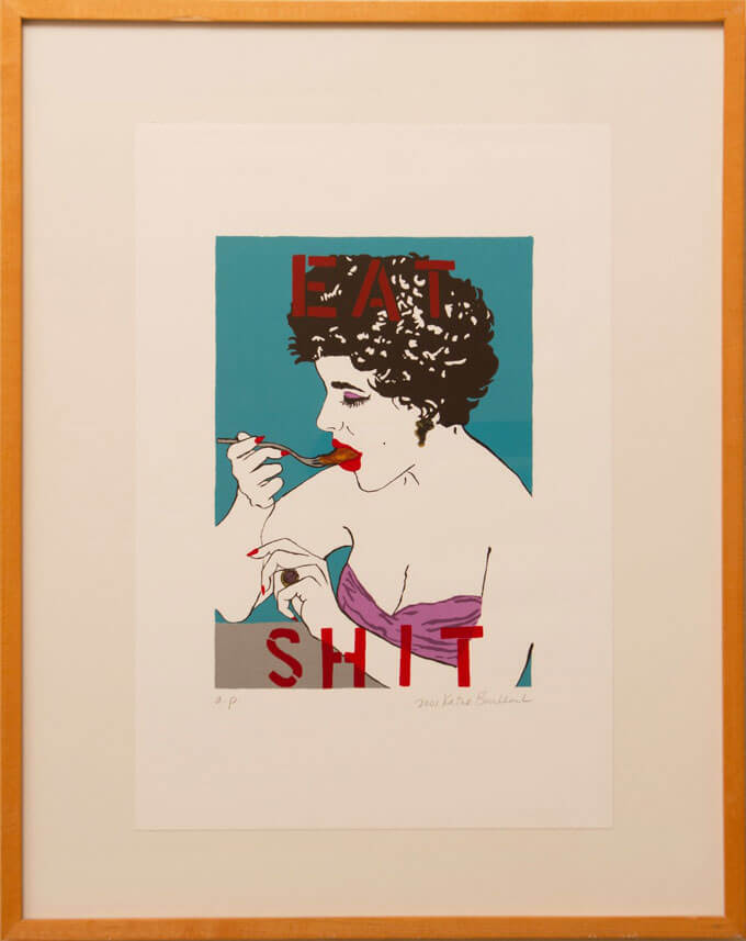 Turquoise background of a woman in a purple dress eating from a fork with red text reading “EAT SHIT” 