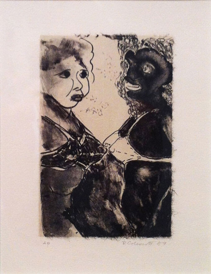 Tightly cropped, black-and-white lithograph of a light-skinned woman and a dark-skinned woman facing one another 