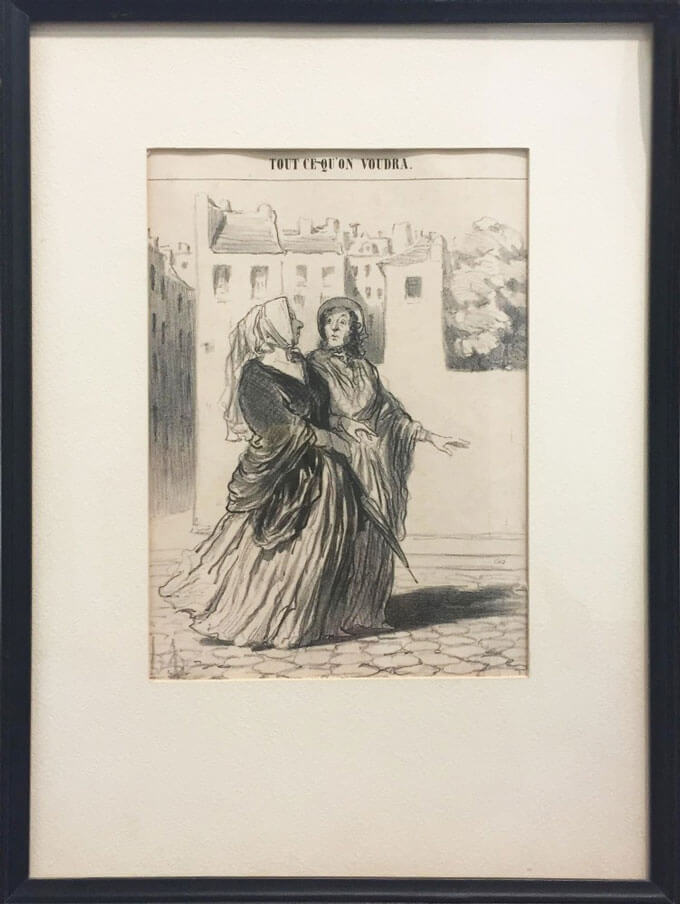 Black-and-white print of two women strolling together down a cobblestone street