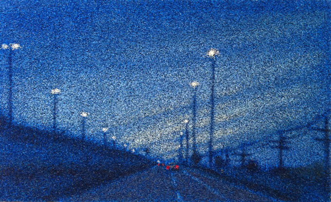 Blue oil painting on Astroturf of cars with red tail lights driving on a road flanked by streetlamps and telephone poles