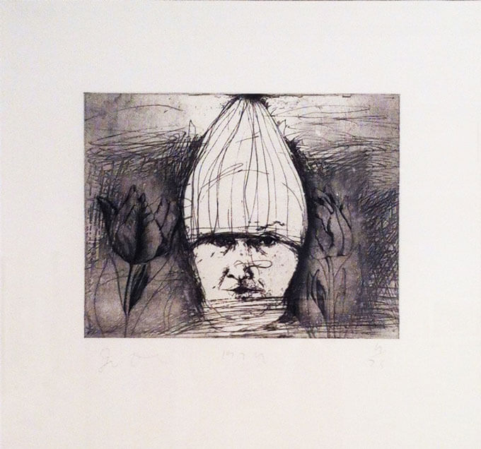 Tightly cropped black-and-white intaglio print of the artist in a cone-like ski hat with stylized tulip flowers on the left and right side of the head