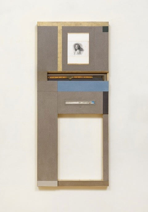 Mixed-media artwork with rectangular shapes, gray and beige tones, and a framed pencil sketch at the top.
