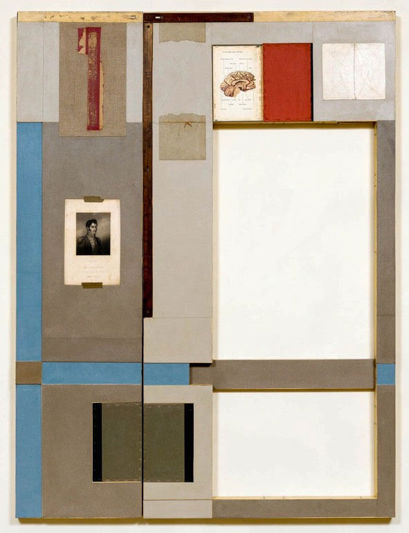 Collage artwork with diverse geometric shapes, including a vintage photo and brain illustration.