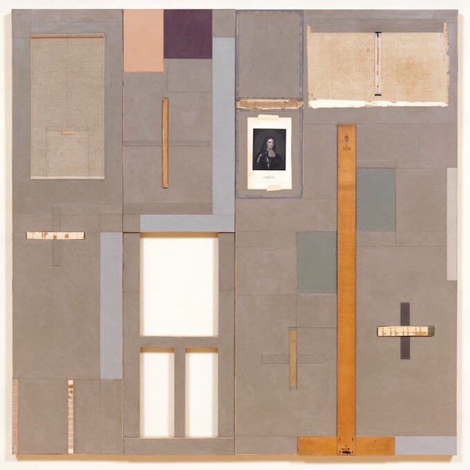 Mixed-media artwork featuring a collage of geometric panels and a portrait photo.