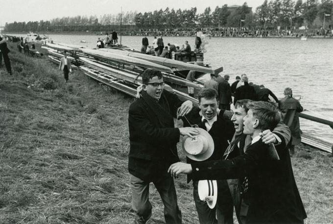 Drunken university students singing at rowing races, Utrecht, Holland, 1961