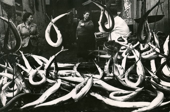 Selling fish in a narrow street in Naples, Italy, 1958