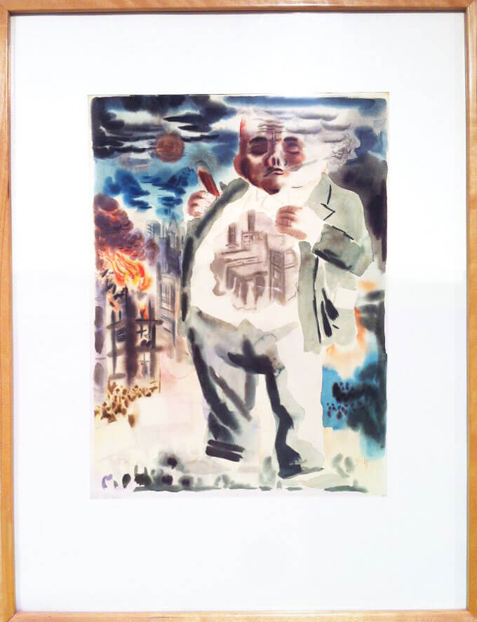 Watercolor painting of a large, tall, light-skinned man standing in front of a burning cityscape