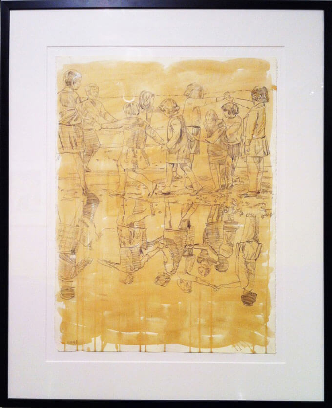 A dark-yellow oil paint wash with a graphite drawing of nine children playing the game Ring around the Rosie