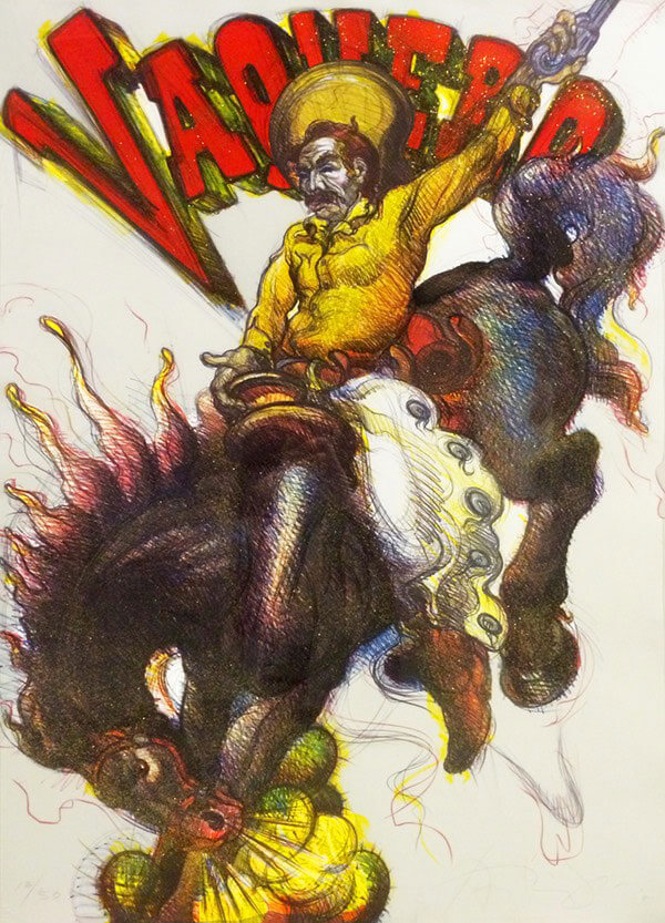 Colorful lithograph of a cowboy riding a bucking horse in front of red text that reads “Vaquero”