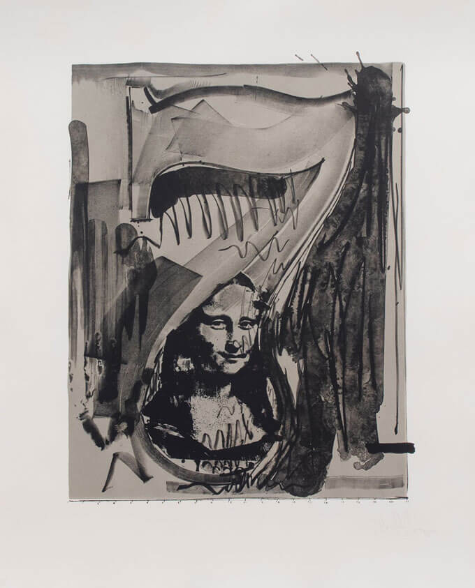 Abstract black ink artwork featuring a stylized Mona Lisa amid bold brushstrokes and shapes.