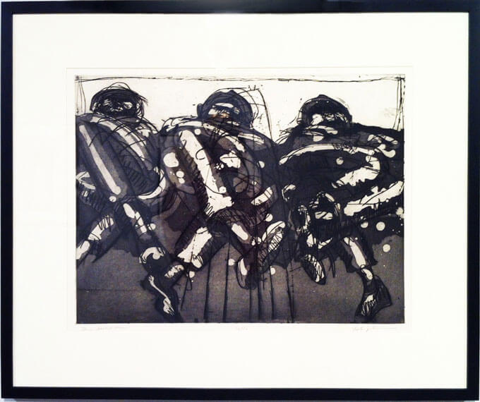 Abstract artwork of three figures seated with their legs crossed, rendered in black, white, and gray.