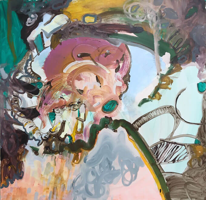 Abstract painting with swirling colors in pink, teal, green, and yellow.