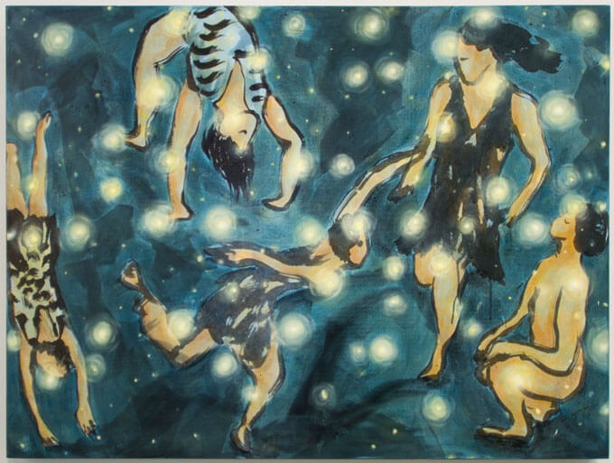 Abstract painting of five figures underwater surrounded by glowing orbs.