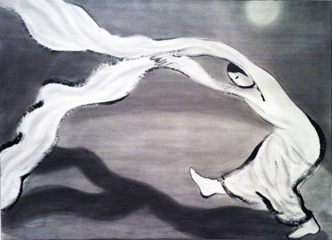 Monochrome artwork of a dancer in flowing garments, with dynamic curves suggesting movement.