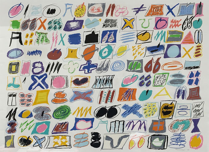 Abstract artwork with colorful geometric shapes and symbols on an off-white background.