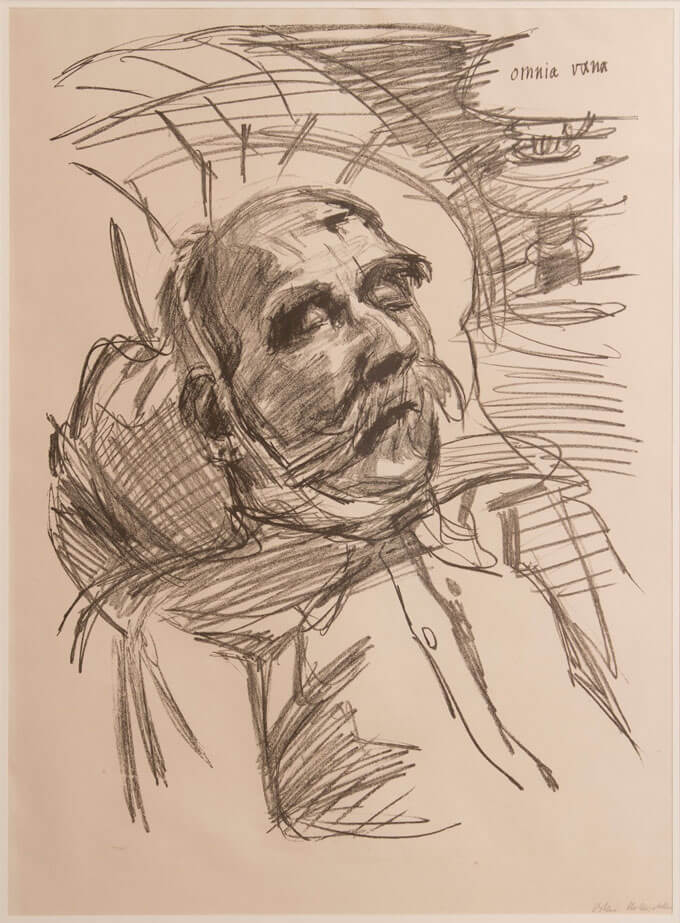 Sketch of a man with bushy eyebrows and a mustache.