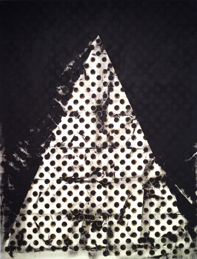 Black-and-white oil painting of a white pyramid with black polka dots