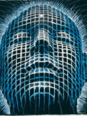 Tightly cropped bald human head made of contoured gridded lines of varying shades of blue whose face is tilted upwards with closed eyes