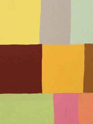 Abstract painting of nine colorful rectangles in an uneven three-by-three grid