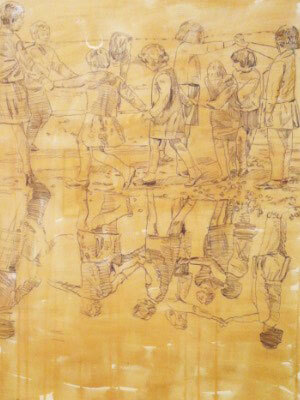 A dark-yellow oil paint wash with a graphite drawing of nine children playing the game Ring around the Rosie