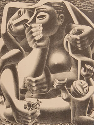 Black lithograph print on cream colored paper of three stylized figures including two adults and one baby