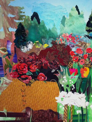 A mixed-media painting of a landscape with tall evergreens against a light blue sky with a colorful flower garden in the foreground