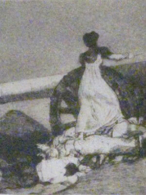 Black-and-white etching of a female figure lighting a cannon while standing on deceased bodies