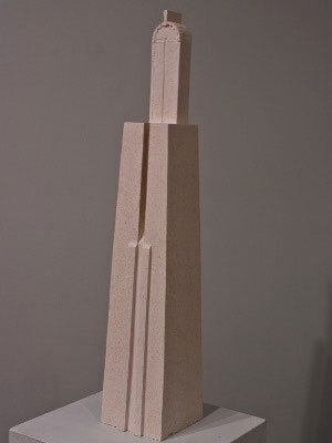 Tall and narrow geometric architectural porcelain sculpture with four sides