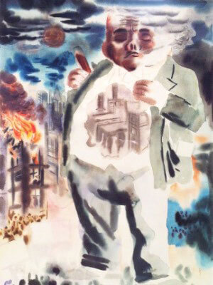 Watercolor painting of a large, tall, light-skinned man standing in front of a burning cityscape