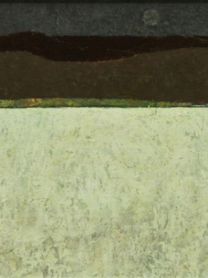 Textural painting of a light green valley with dark mountains in the distance and a moon in the sky