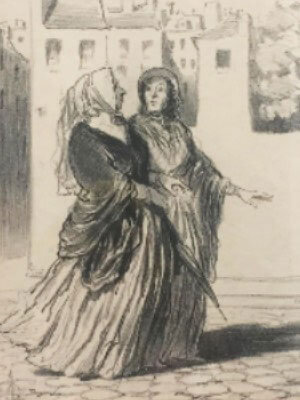 Black-and-white print of two women strolling together down a cobblestone street