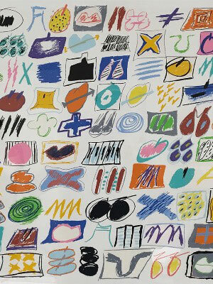 Abstract artwork with colorful geometric shapes and symbols on an off-white background.