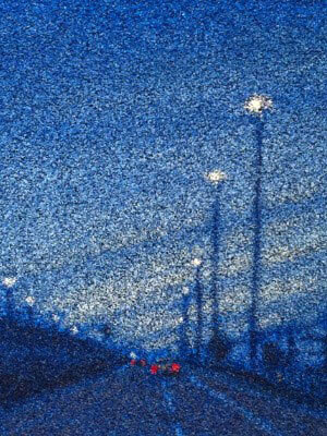 Blue oil painting on Astroturf of cars with red tail lights driving on a road flanked by streetlamps and telephone poles