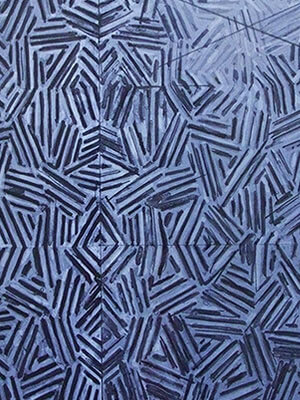 A geometric black and white striped pattern on a grey rectangular canvas.