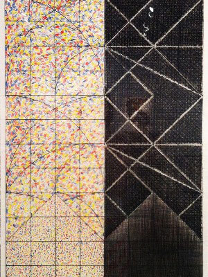 Rectangular gridded composition divided in half vertically with a light side filled with colorful arched marks and a side darkened by the accumulation of black lines