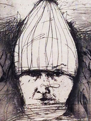 Tightly cropped black-and-white intaglio print of the artist in a cone-like ski hat with stylized tulip flowers on the left and right side of the head