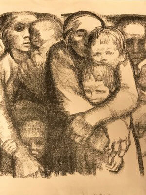 A charcoal sketch of women holding children.