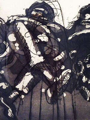 Abstract artwork of three figures seated with their legs crossed, rendered in black, white, and gray.