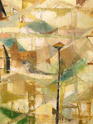 Abstract oil painting featuring muted green, blue, and yellow angular shapes and lines in a white-and-green wooden frame